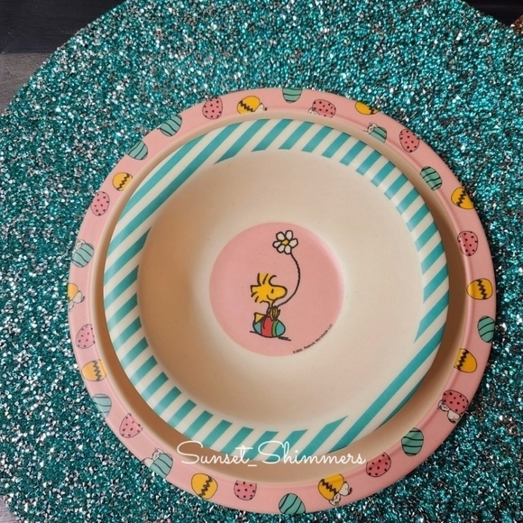 4 New Peanuts Snoopy & Woodstock Kids Easter Egg Dinner Plate Bowl Cup Utensils - Picture 5 of 12